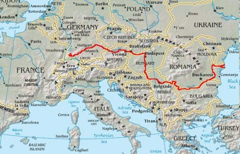 Hartă a cursului principal al Dunării